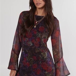 Floral Animal Chiffon Fluted Sleeve Tunic Dress